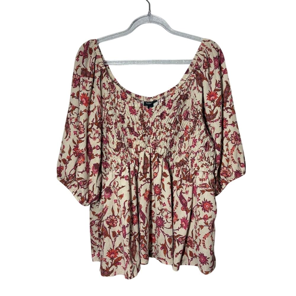 Torrid Floral Peasant Smocked Balloon Sleeve Top Boho Cottagecore